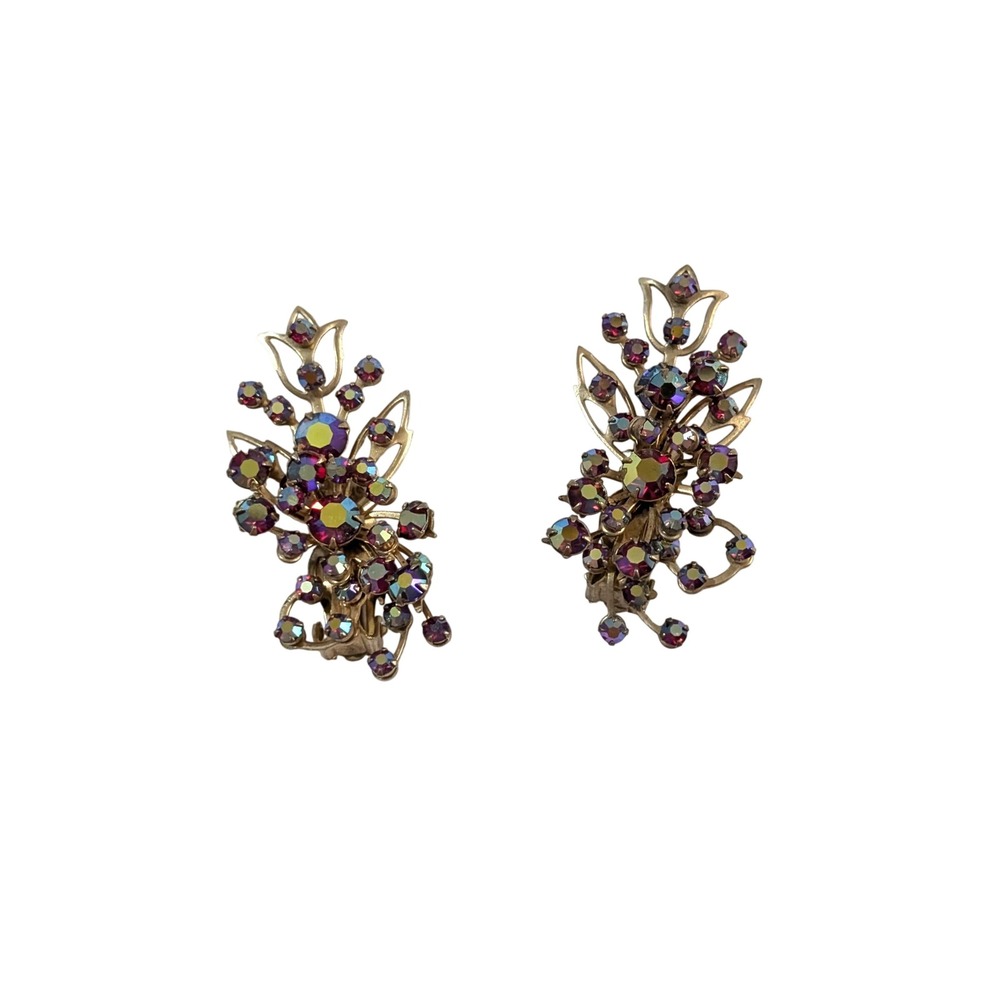 Vintage Aurora Borealis Rhinestone Floral Clip On Earrings Gold Tone Filigree